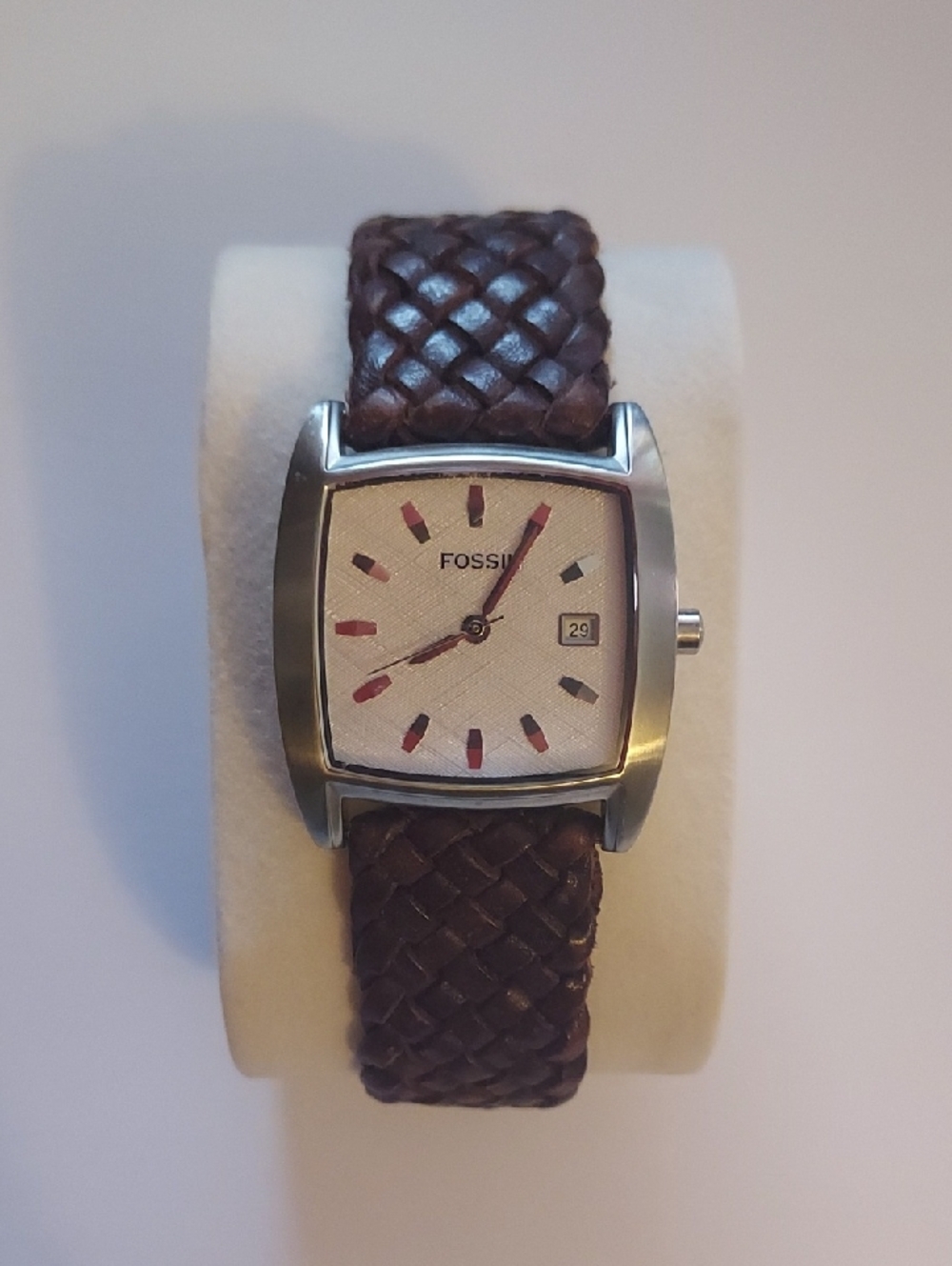 Fossil Watch Brown Braided Leather Band Stainless Steel Square Face VINTAGE